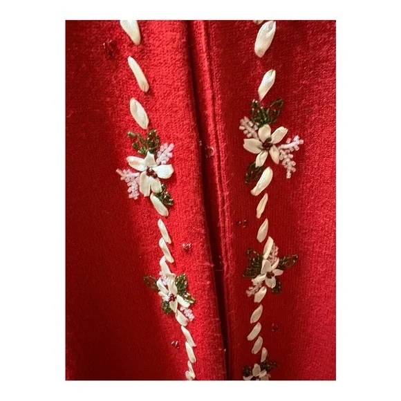 Emma James Red Holiday Cardigan, embellished style ribbon/bead floral designs - Picture 3 of 7